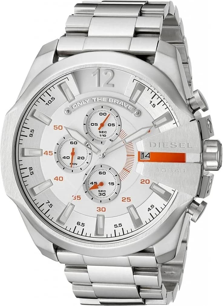 Montre Diesel DZ4328 en acier argenté avec cadran noir et détails oranges sportifs