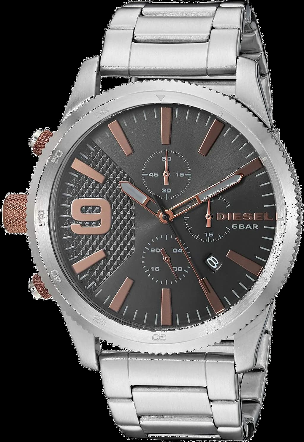 Montre Diesel DZ4457 argentée avec cadran noir, acier brossé et texture moletée, style imposant et robuste