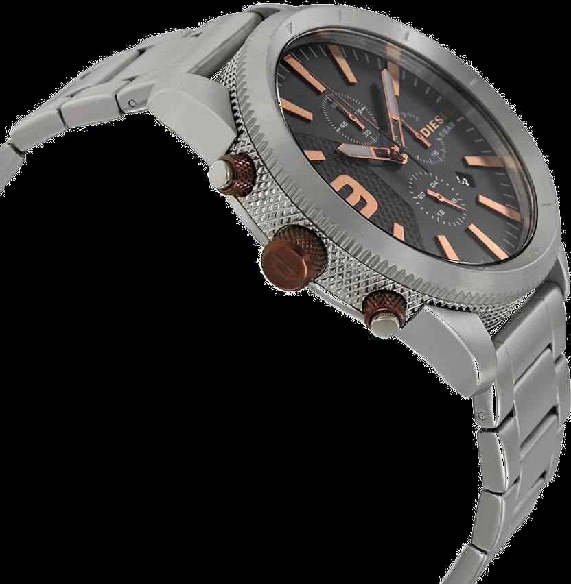Cadran Diesel DZ4457 avec index bâtons argentés, aiguilles luminescentes et guichet date à 3h, lisibilité optimale
