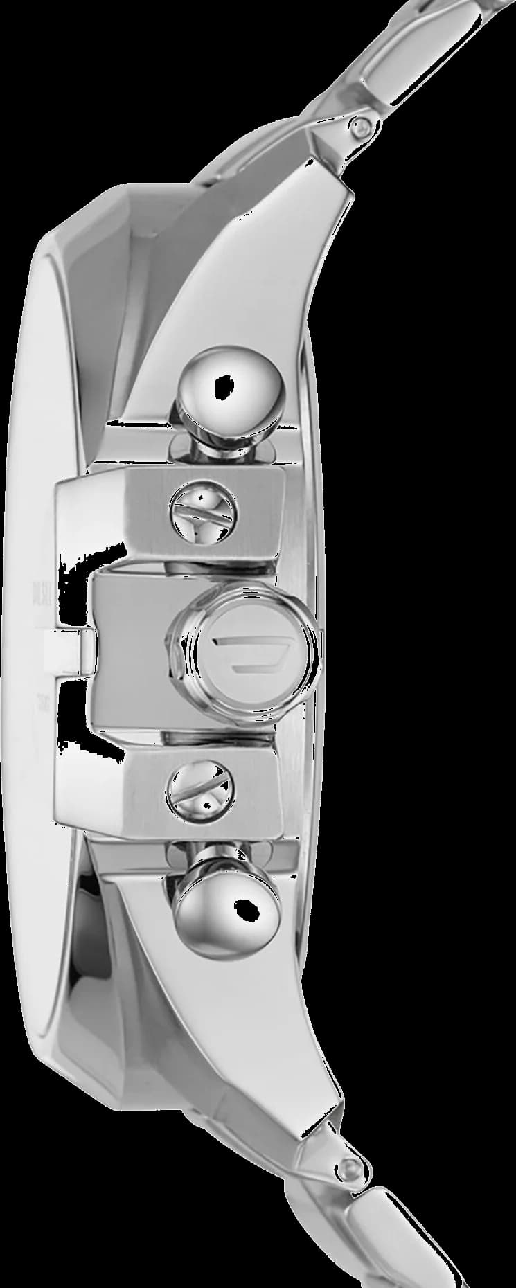 Cadran Diesel DZ4465 noir texturé, index bâton blancs, aiguilles luminescentes, guichet date à 3h, complication chronographe