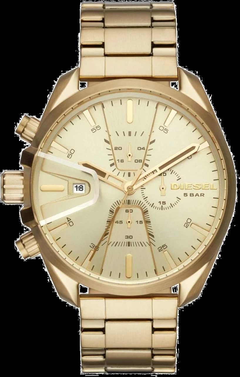 Montre Diesel DZ4475 en acier doré avec cadran bleu profond et bracelet cuir brun, style audacieux