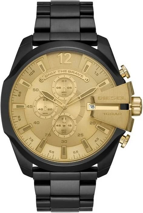 Cadran Diesel DZ4485 doré soleil avec aiguilles luminescentes, date à 3h, index bâtons noirs sur fond doré