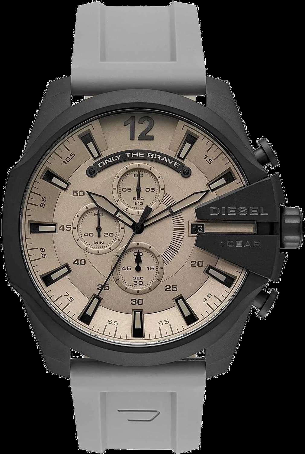 Montre Diesel DZ4496 au cadran noir texturé, index blancs et trotteuse rouge, style imposant et sportif