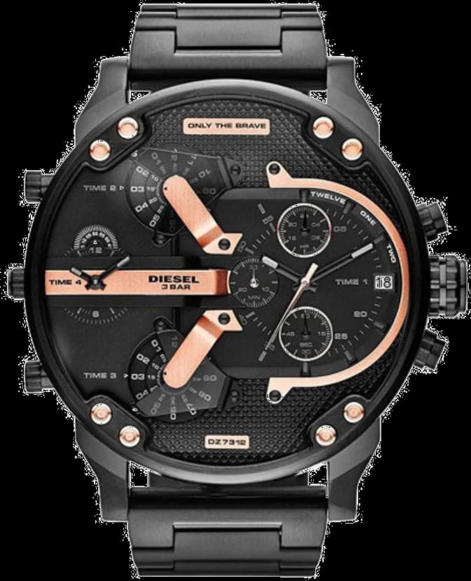 Montre Diesel DZ7312 acier noir avec rehauts or rose sur cadran noir texturé, style contemporain imposant