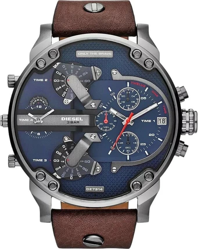 Montre Diesel DZ7314 au cadran bleu soleil avec index blancs et boîtier large, style industriel audacieux