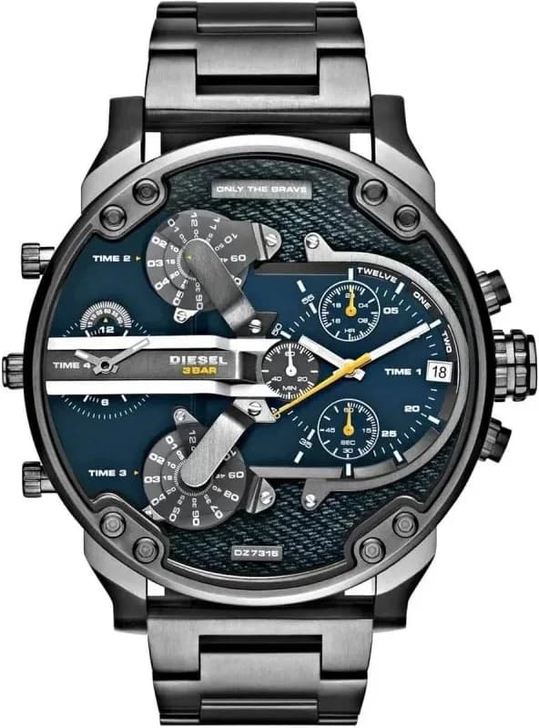 Montre Diesel DZ7331 au cadran bleu denim, aiguilles lumineuses et index robustes pour un look industriel chic