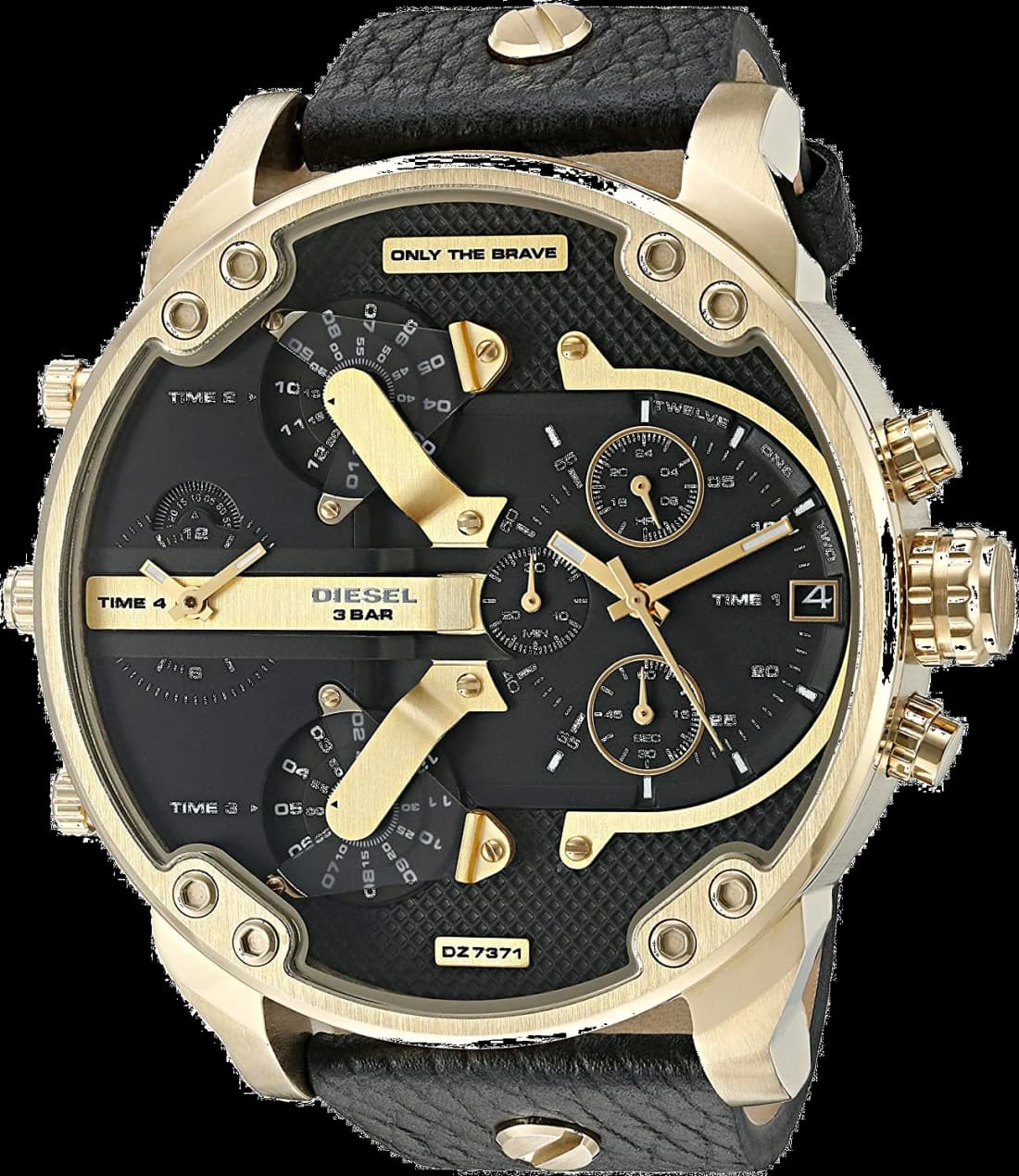 Montre Diesel DZ7371 au cadran noir contrasté par des index blancs et aiguilles luminescentes, style industriel imposant