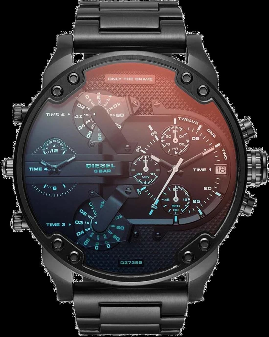 Montre Diesel DZ7395 avec cadran noir multi-fuseaux et accents cuivrés, boîtier acier noir robuste