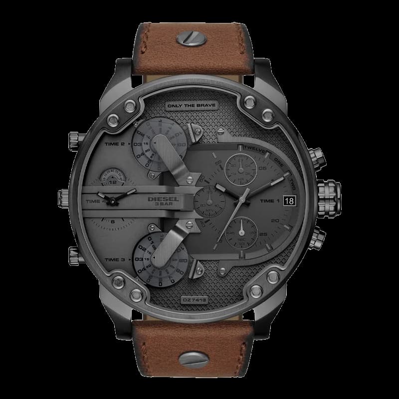 Montre homme Diesel DZ7413, cadran noir, chronographe, cuir marron