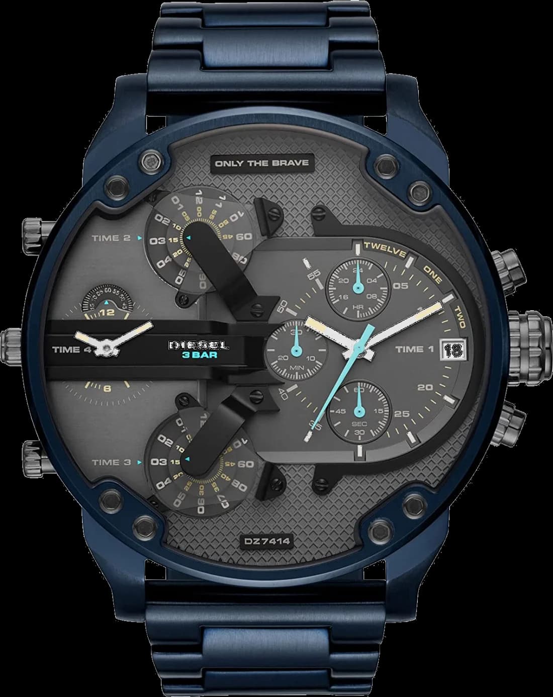 Montre Diesel DZ7414 au cadran bleu soleil avec index et aiguilles luminescents sur fond noir, style robuste XXL