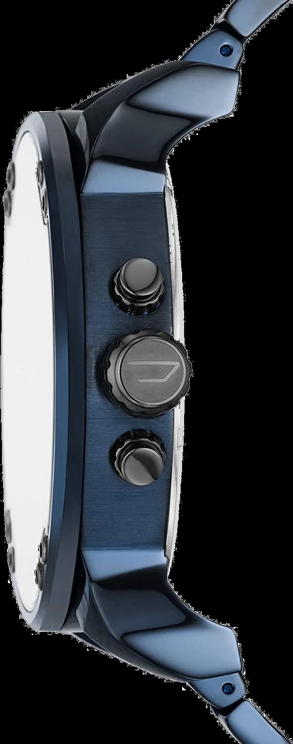 Cadran Diesel DZ7414 au fond bleu soleil, compteurs chrono blancs, aiguilles rouges et index appliqués pour lisibilité maximale