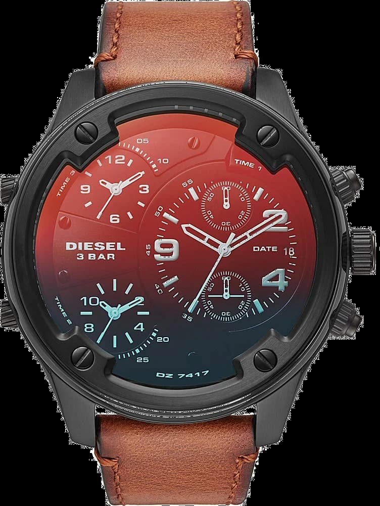 Montre Diesel DZ7417 au cadran noir multi-cadrans avec aiguilles rouges et index blancs, style industriel bold