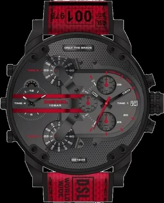 Montre Diesel DZ7438 au cadran noir et compteurs blancs sur bracelet nylon rouge vif