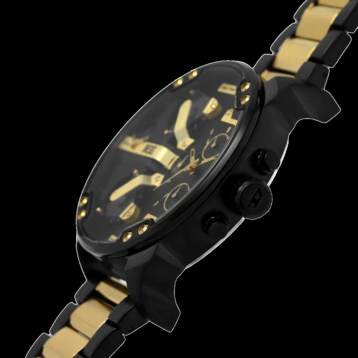 Boîtier Diesel DZ7465 en acier noir de 55 mm avec poussoirs chrono et couronne crantée, vue latérale massive