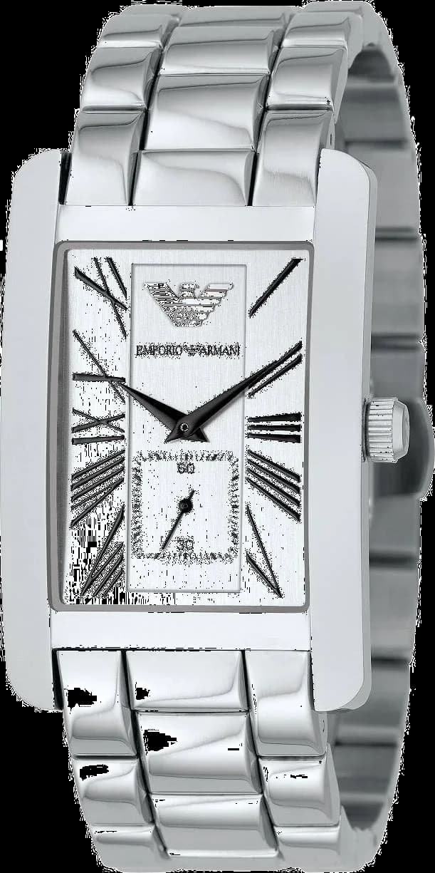 Montre Emporio Armani AR0145 rectangulaire acier brossé cadran noir soleil index bâtons aiguilles argentées style minimaliste chic