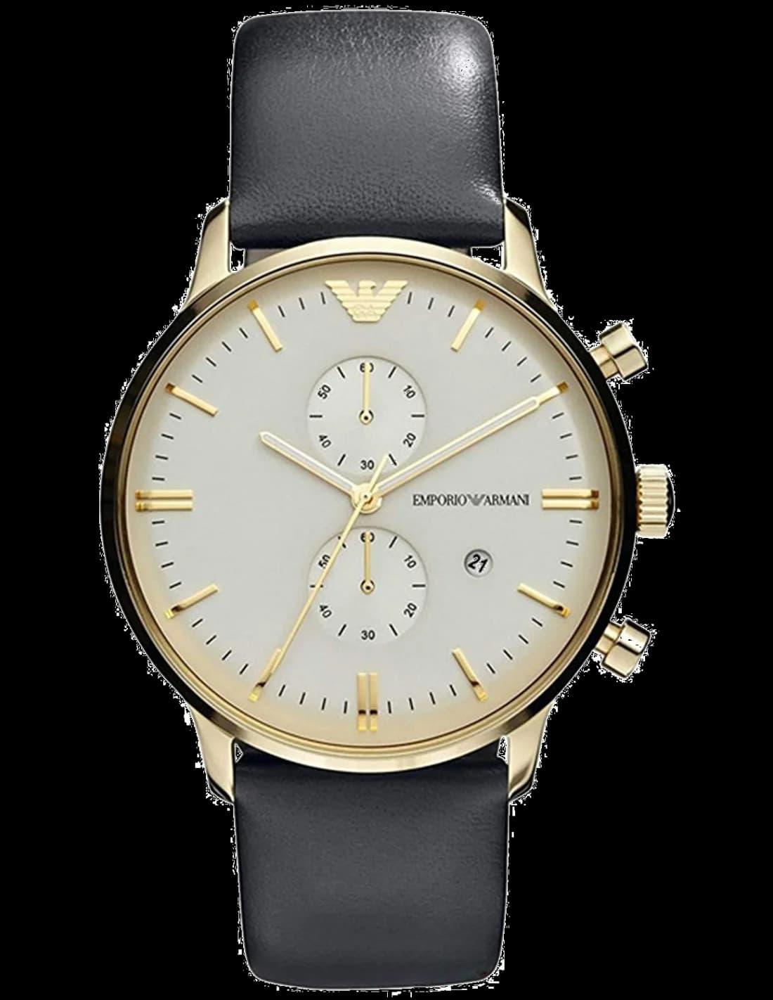 Montre Emporio Armani AR0386 avec cadran noir soleillé, index appliqués et aiguilles argentées, style sport chic