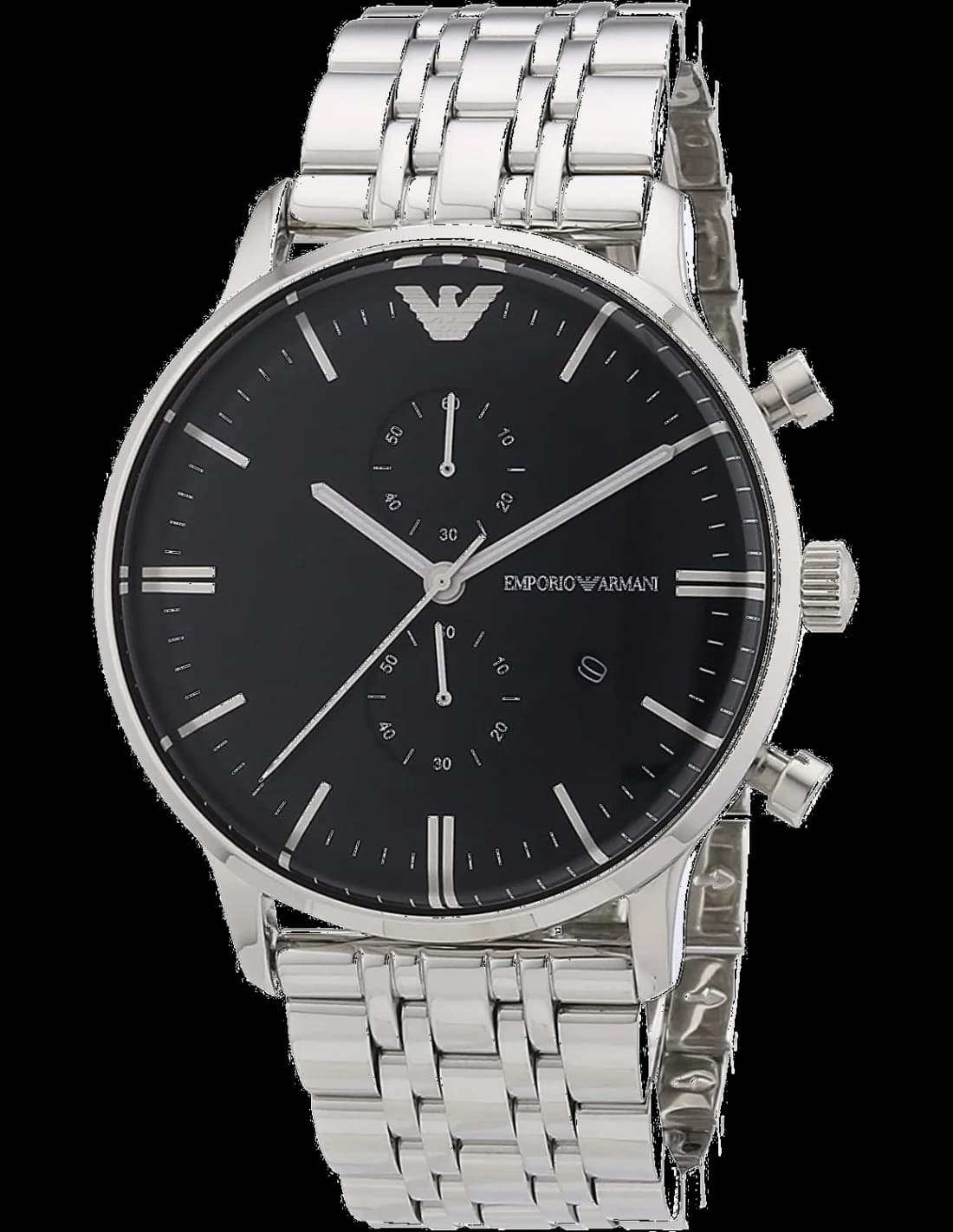 Montre Emporio Armani AR0389 avec cadran noir soleil, aiguilles argentées et index appliqués, chronographe sur fond noir