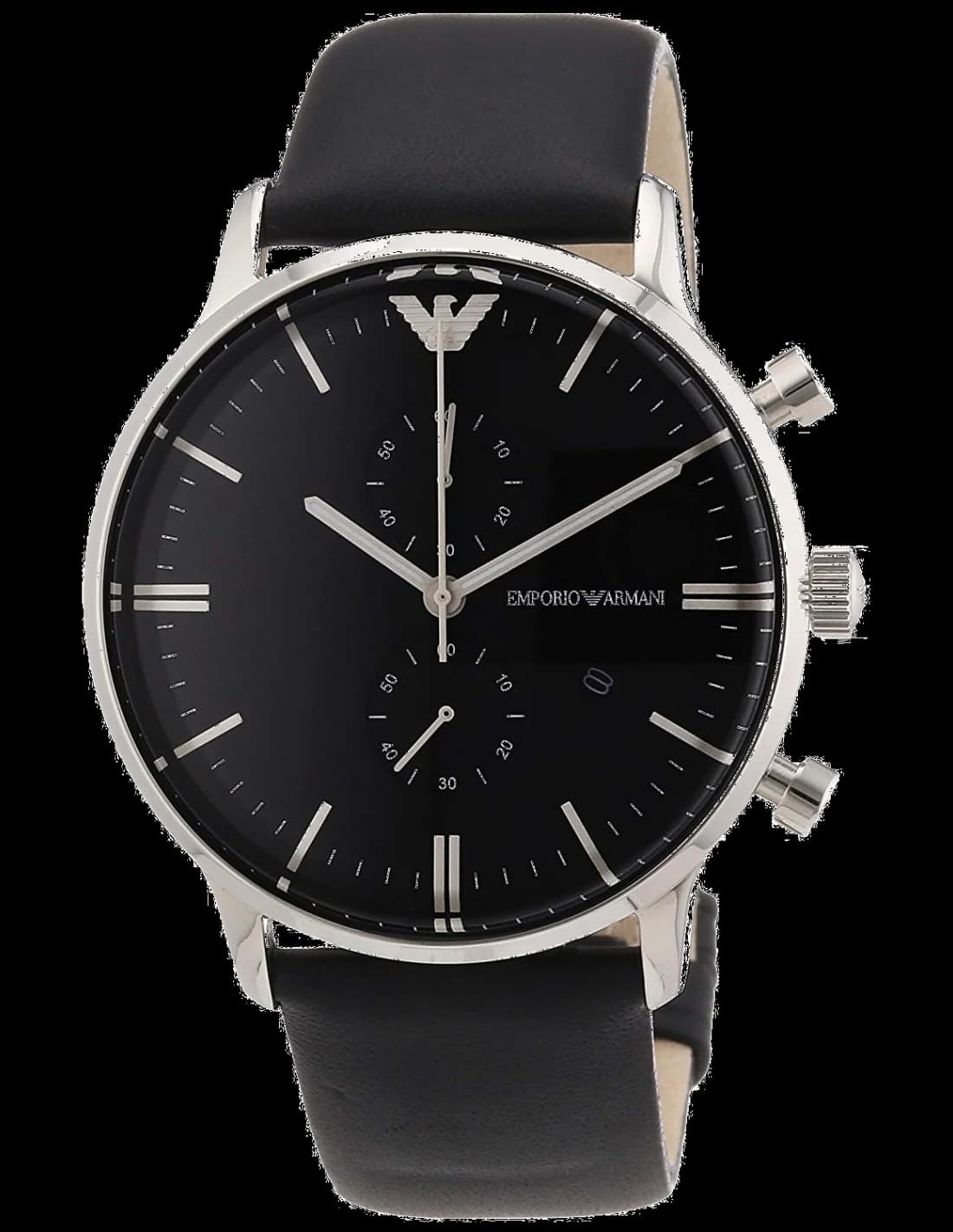 Montre Emporio Armani AR0397 au cadran noir soleillé avec trois sous-cadrans et index appliqués, style sport chic