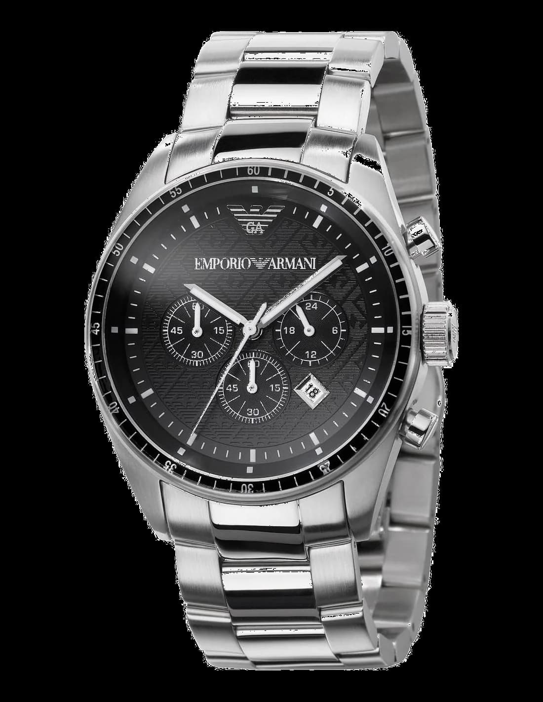 Montre Emporio Armani AR0585 avec cadran bleu soleil et index bâtons, style sport chic