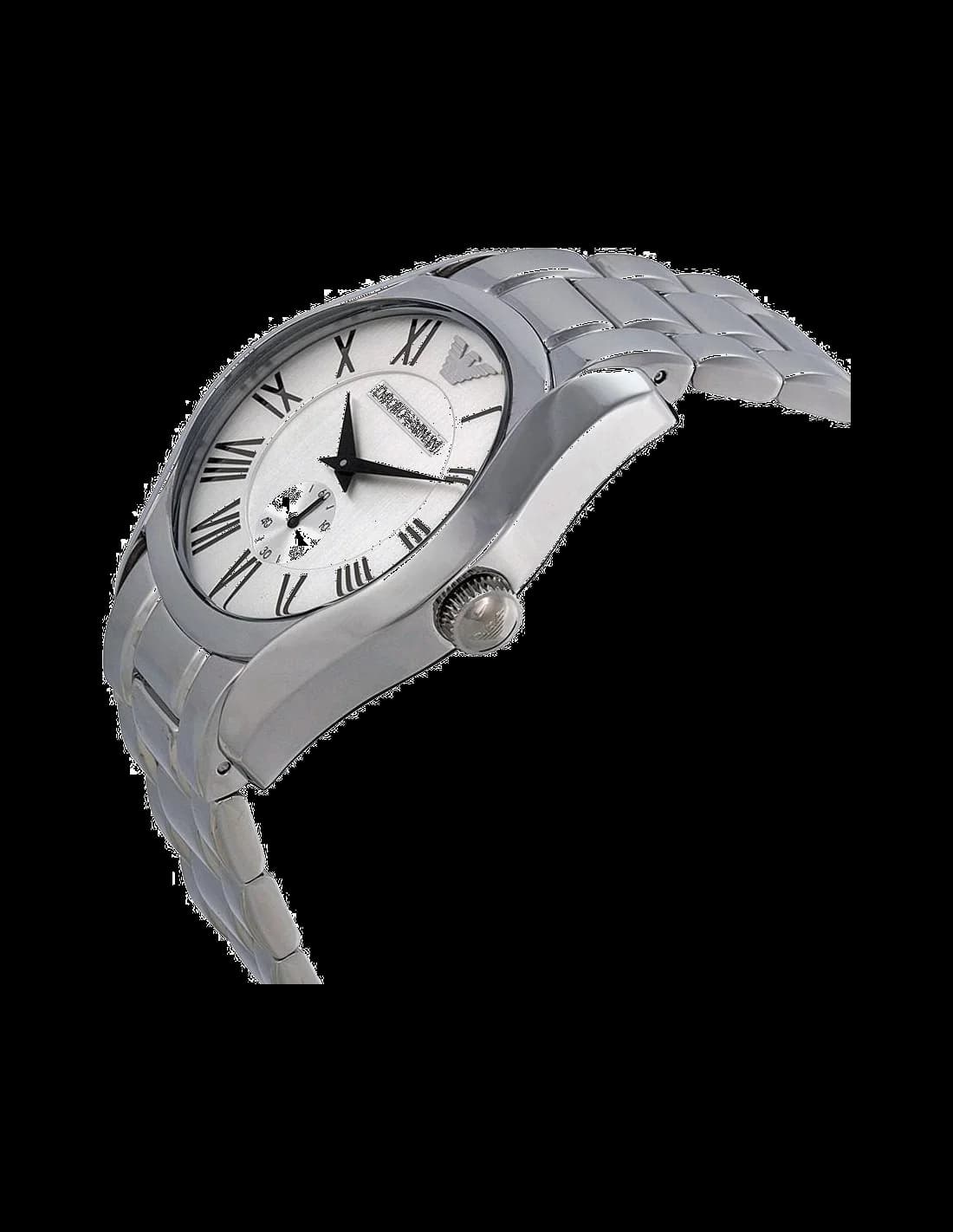 Cadran Emporio Armani AR0647 aux index bâtons argentés et aiguilles squelette, date à 3h, design épuré