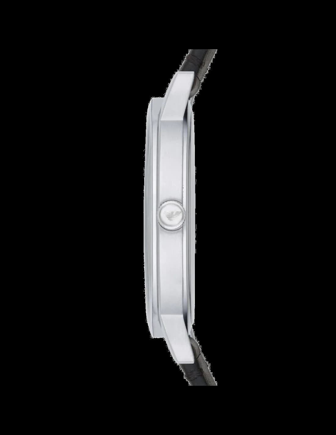 Cadran Emporio Armani AR11013 avec index bâtons argentés et aiguilles fines sur fond noir mat