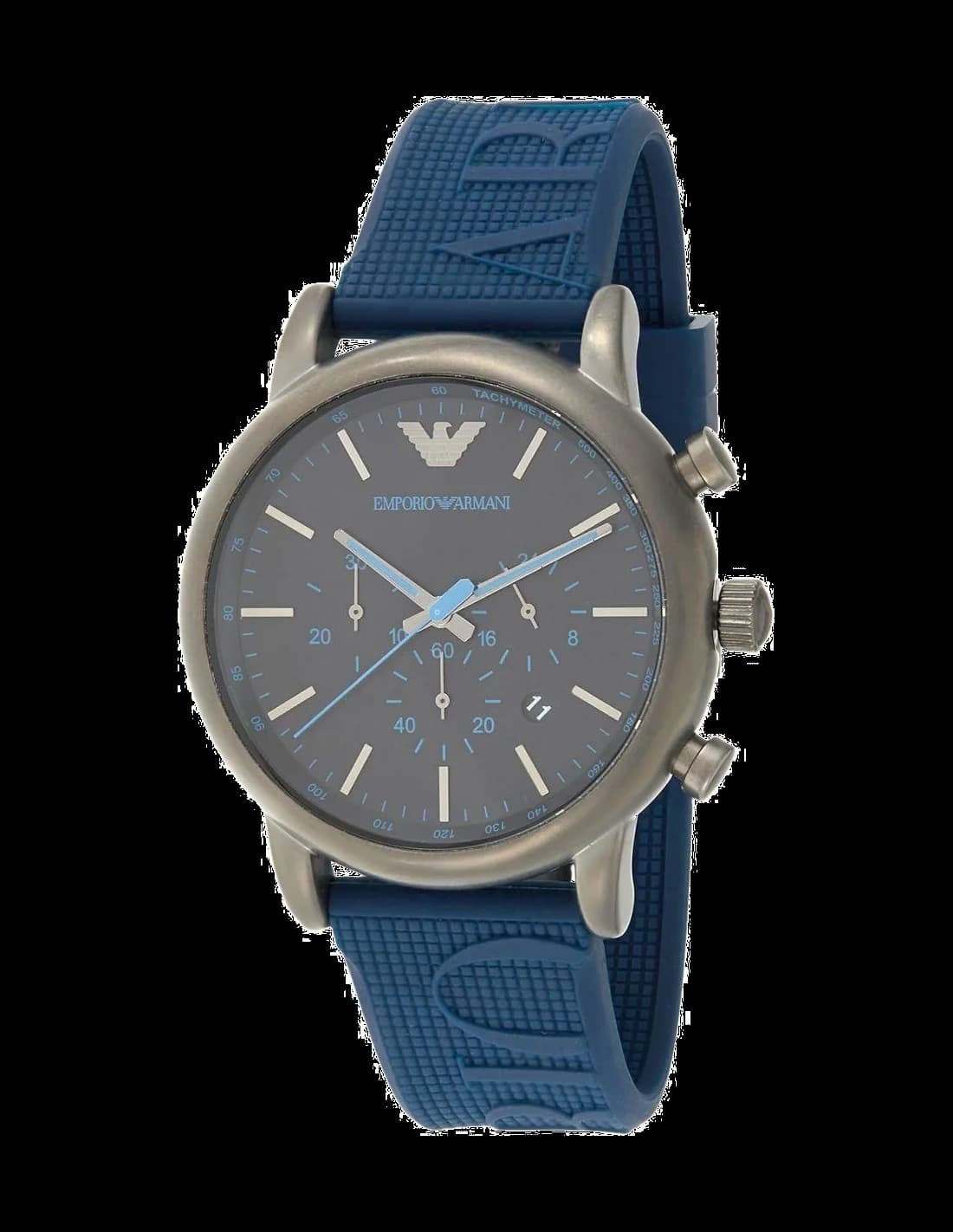 Montre Emporio Armani AR11023 avec cadran bleu soleil et aiguilles argentées, design élégant et sportif