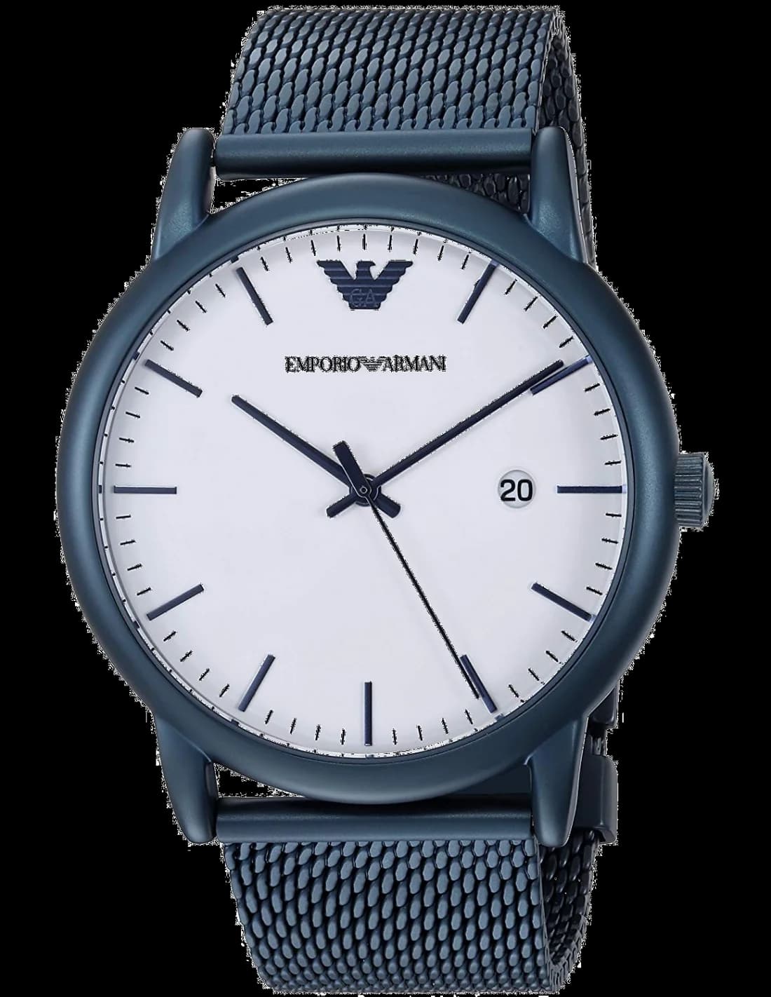 Montre Emporio Armani AR11025 au cadran bleu soleil avec index bâtons et aiguilles argentées, style élégant et sportif
