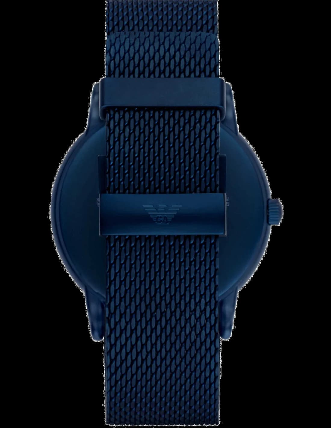 Cadran Emporio Armani AR11025 avec index appliqués et aiguilles dauphine, date à 3h, fond bleu soleil lumineux