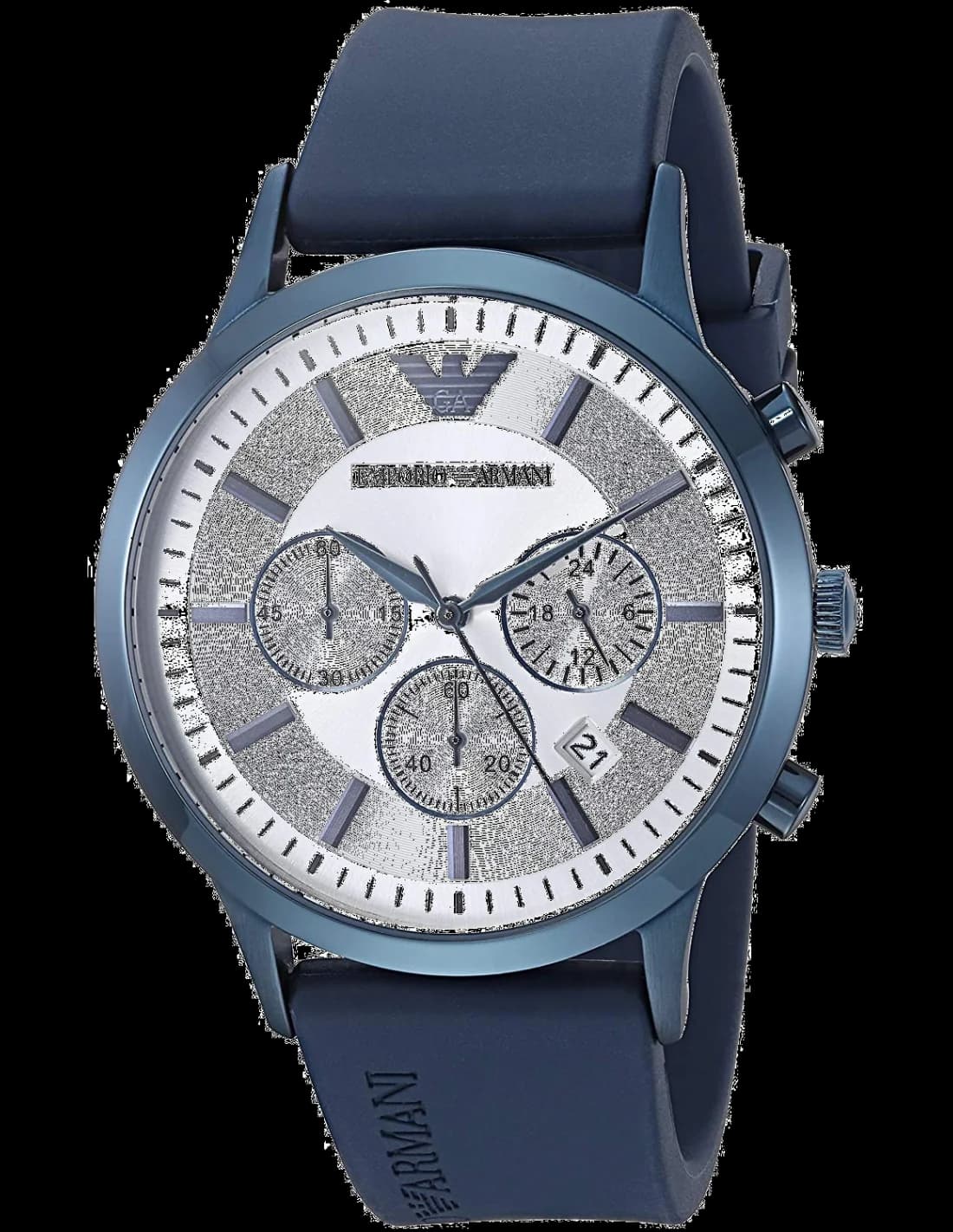Montre Emporio Armani AR11026 avec cadran bleu soleil et aiguilles argentées sur fond bleu profond