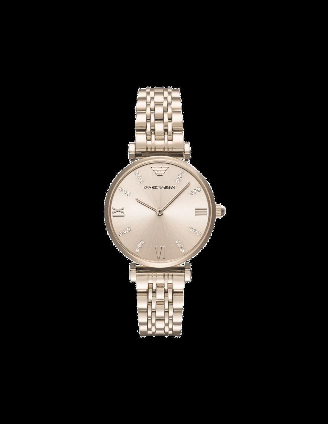 Montre Emporio Armani AR11059 au cadran blanc nacré, aiguilles dorées et index bâtons, style élégant intemporel