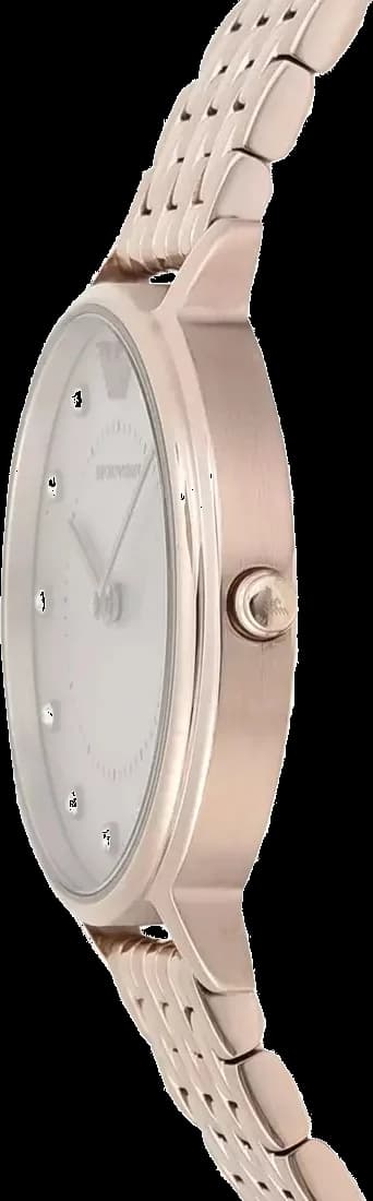Cadran Emporio Armani AR11062 blanc avec index bâtons dorés, aiguilles fines et date à 3h, élégance intemporelle