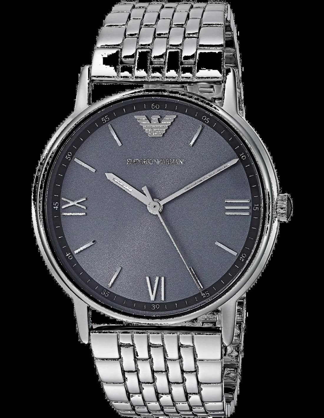 Montre Emporio Armani AR11068 avec cadran noir texturé et index argentés, style habillé élégant