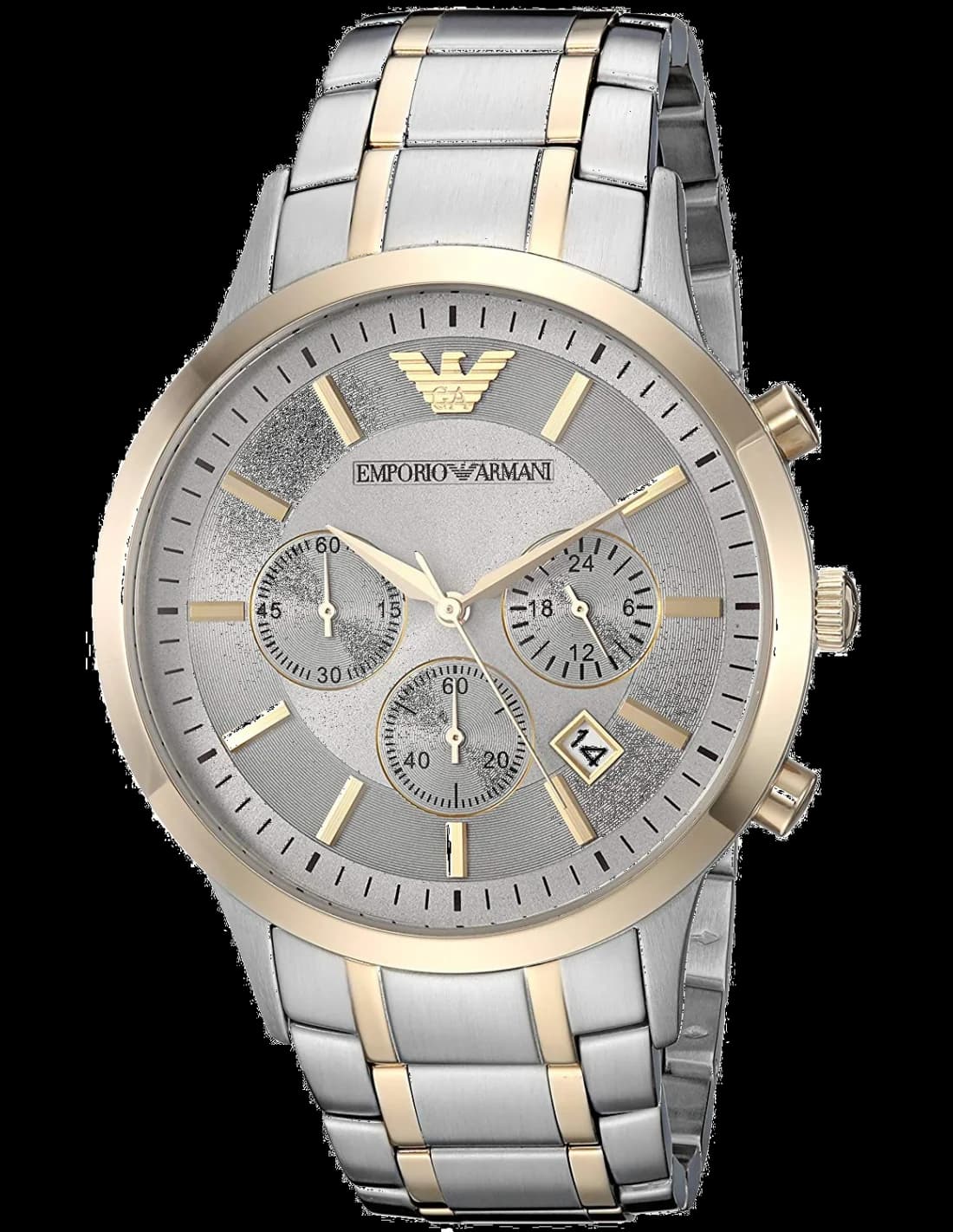 Montre Emporio Armani AR11076 avec cadran noir soleillé, aiguilles dorées et index bâtons, style élégant et moderne