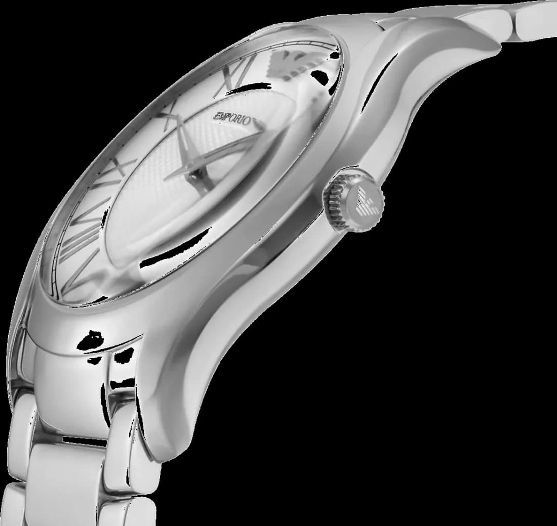 Cadran Emporio Armani AR11084 noir avec index bâtons dorés et aiguilles luminescentes, date à 3h pour une lisibilité parfaite