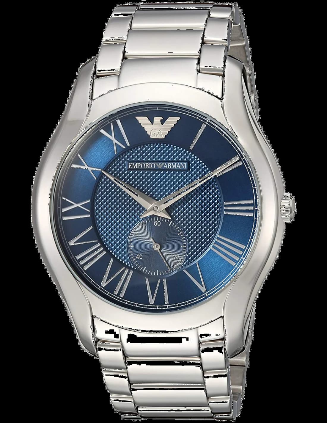 Montre Emporio Armani AR11085 au cadran noir soleil avec index bâtons et aiguilles argentées, style élégant et intemporel