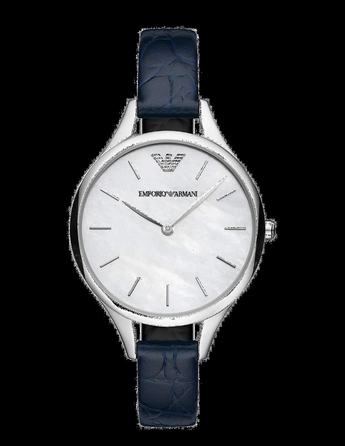 Montre Emporio Armani AR11090 au cadran bleu soleil avec index bâtons et finition argentée, élégance intemporelle