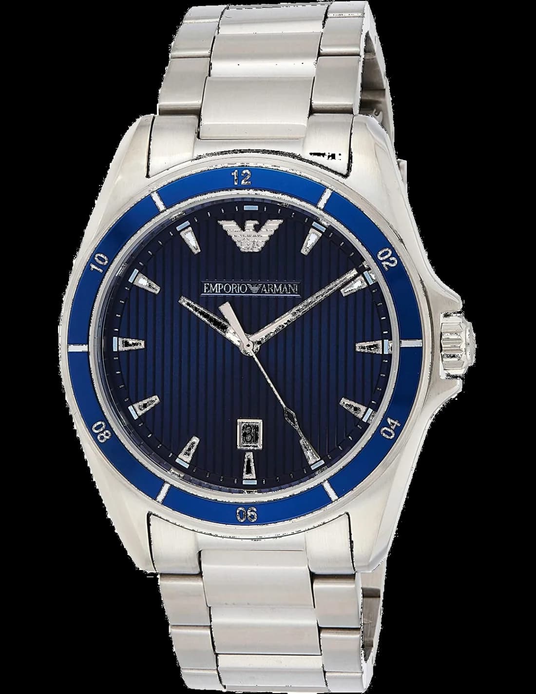 Montre Emporio Armani AR11100 au cadran bleu ocean avec aiguilles argentées et index bâtons, style classique et élégant