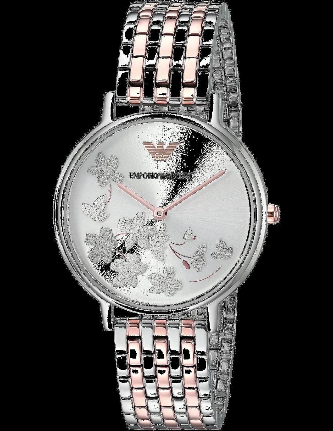Montre Emporio Armani AR11113 au cadran noir soleillé, boîtier rose gold et index bâtons, style chic et moderne