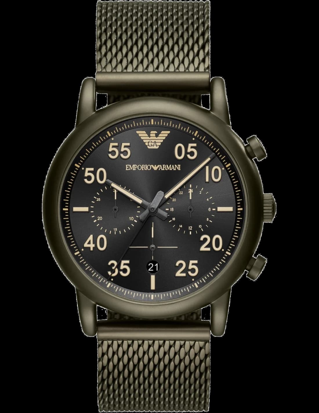 Montre Emporio Armani AR11115 avec cadran noir et aiguilles dorées sur fond soleil, style élégant et raffiné