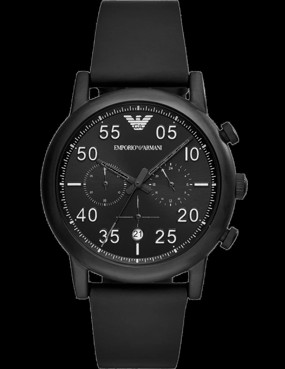 Montre Emporio Armani AR11133 au cadran noir soleillé avec aiguilles argentées et index bâtons, style contemporain chic
