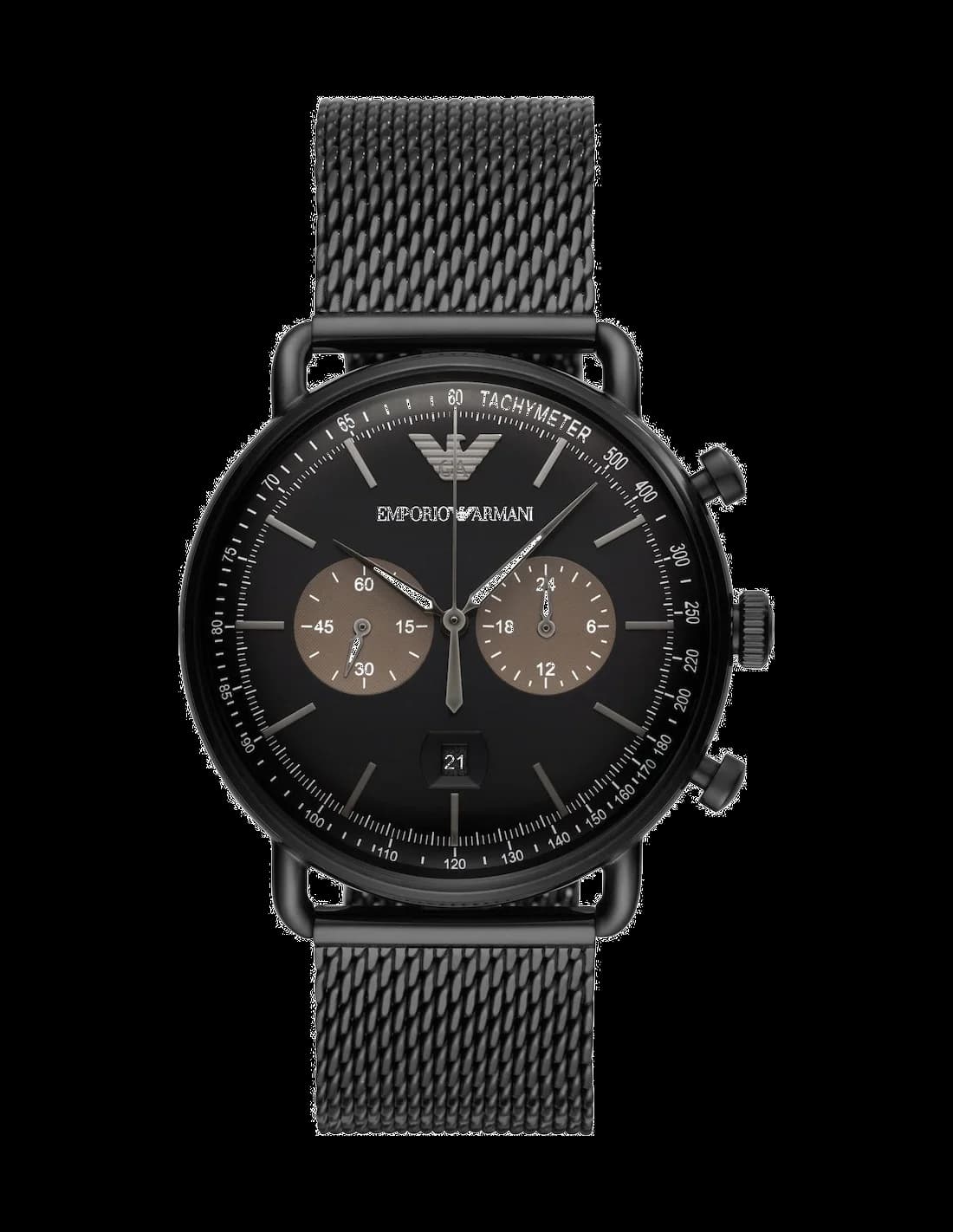 Montre Emporio Armani AR11142 en acier noir avec cadran noir soleillé, aiguilles et index argentés, style moderne et élégant