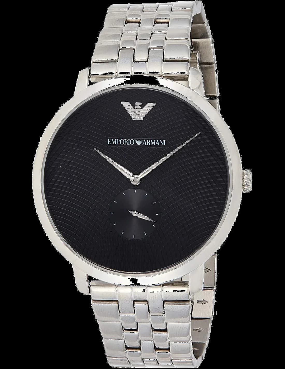 Montre Emporio Armani AR11161 au cadran noir soleil, aiguilles argentées et index bâtons, style classique et épuré