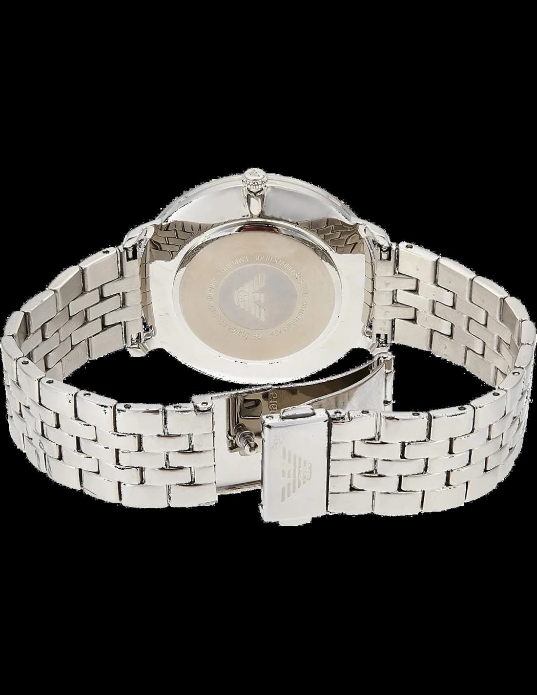 Cadran Emporio Armani AR11161 avec index appliqués et aiguilles dauphine, guichet date à 3h, fond noir texturé