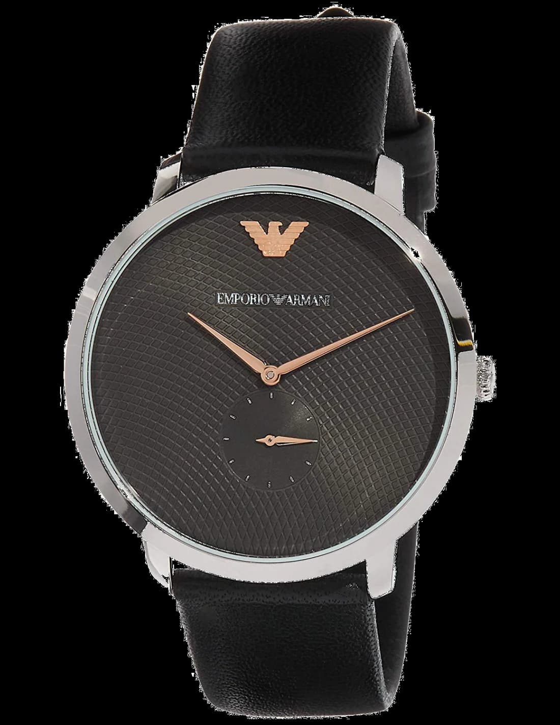 Montre Emporio Armani AR11162 au cadran noir texturé avec index bâtons et aiguilles argentées, style minimaliste chic