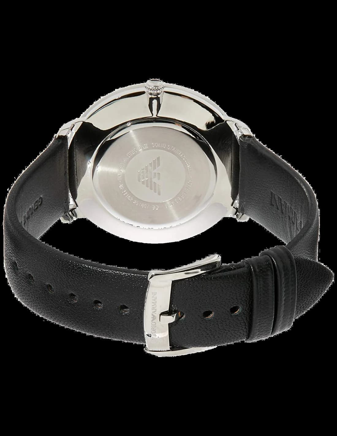Cadran Emporio Armani AR11162 noir soleillé avec index appliqués argentés, aiguilles fines et date à 3h, lisibilité parfaite