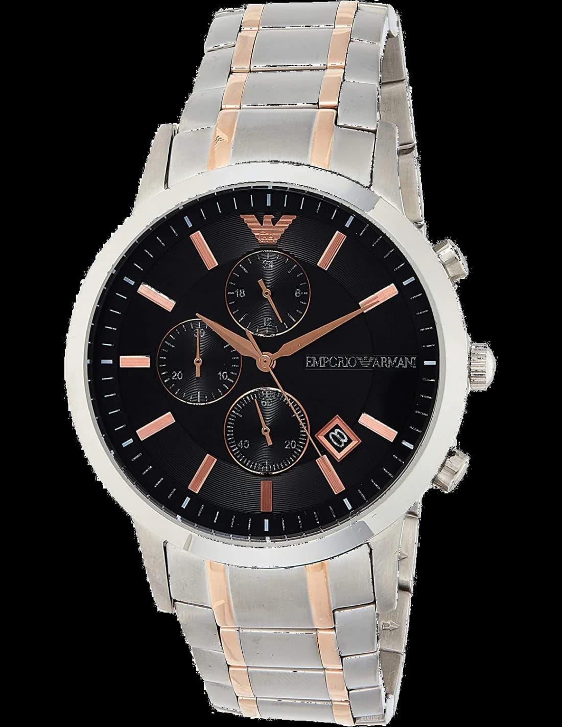 Montre Emporio Armani AR11165 avec cadran noir, aiguilles lumineuses et affichage date à 4h30 sur fond argenté