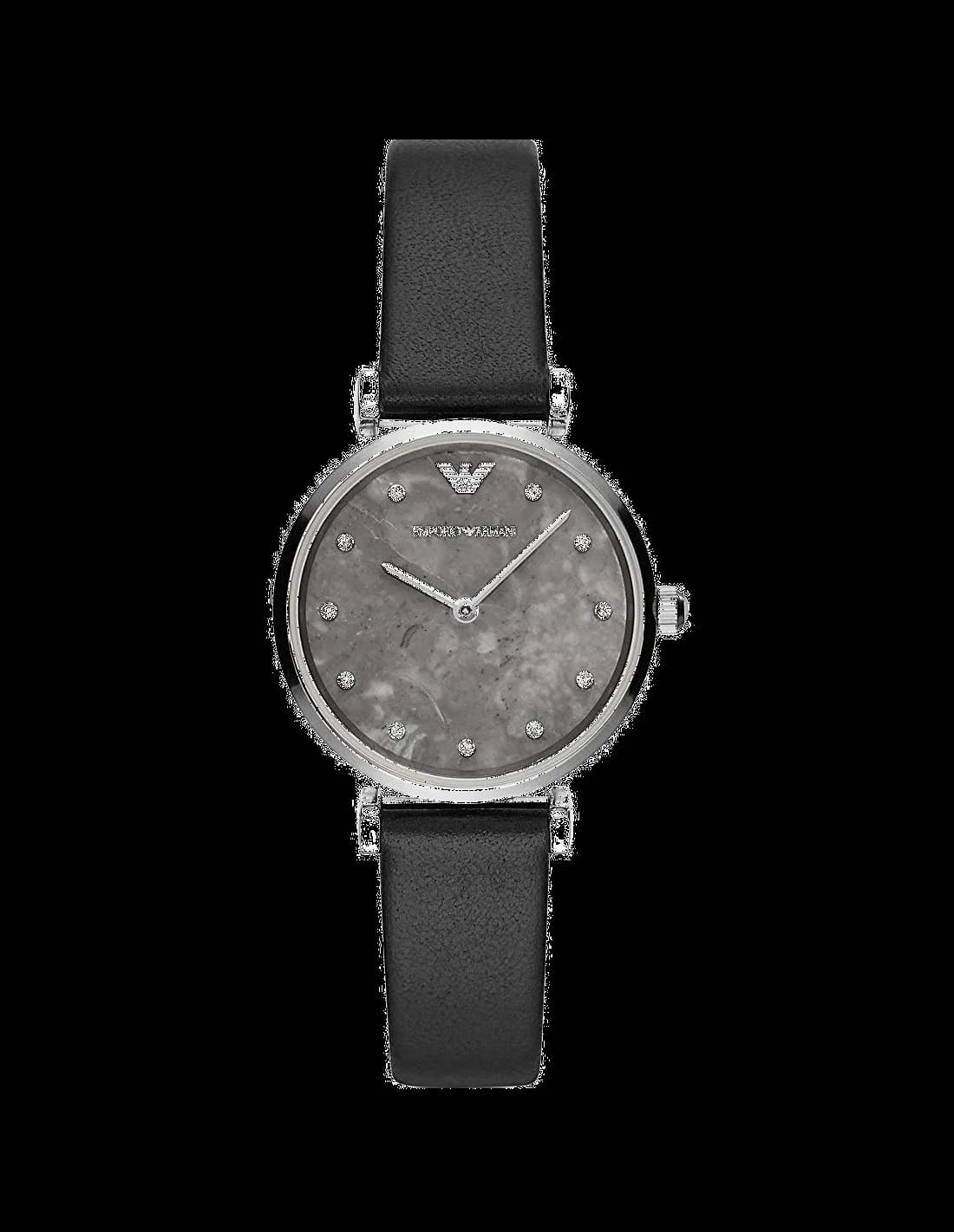 Montre Emporio Armani AR11171 au cadran noir brillant, aiguilles dorées et cristaux Swarovski sur lunette, style chic
