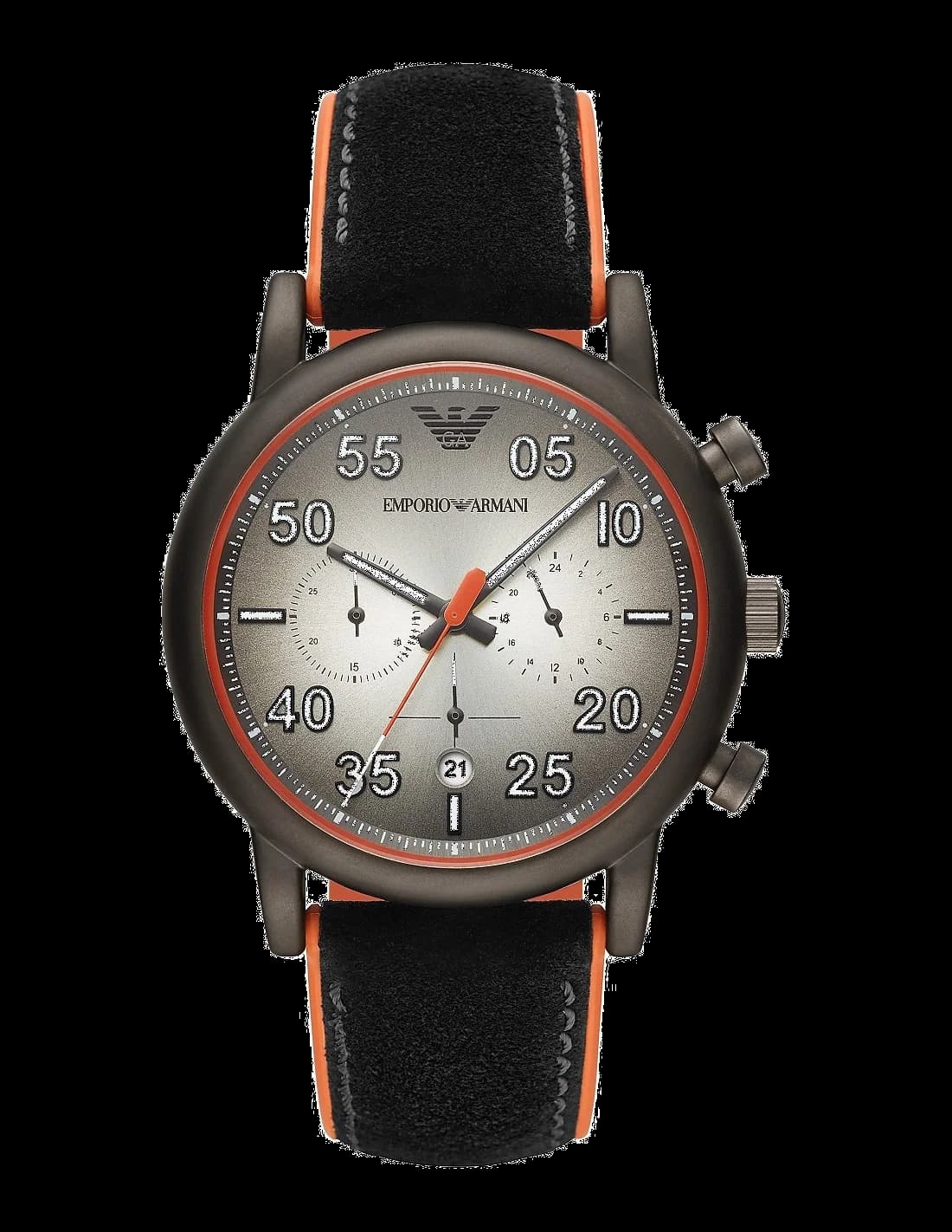 Montre Emporio Armani AR11174 au cadran noir soleil avec index bâtons argentés et aiguilles luminescentes, chronographe sport chic