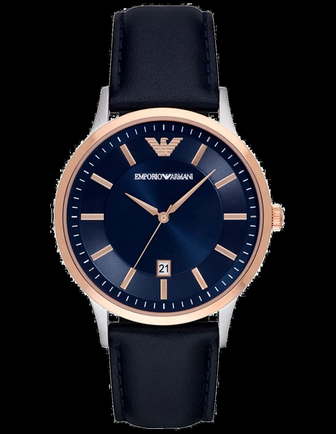 Montre Emporio Armani AR11188 au cadran bleu soleil, aiguilles dorées et index bâtons, style chic classique
