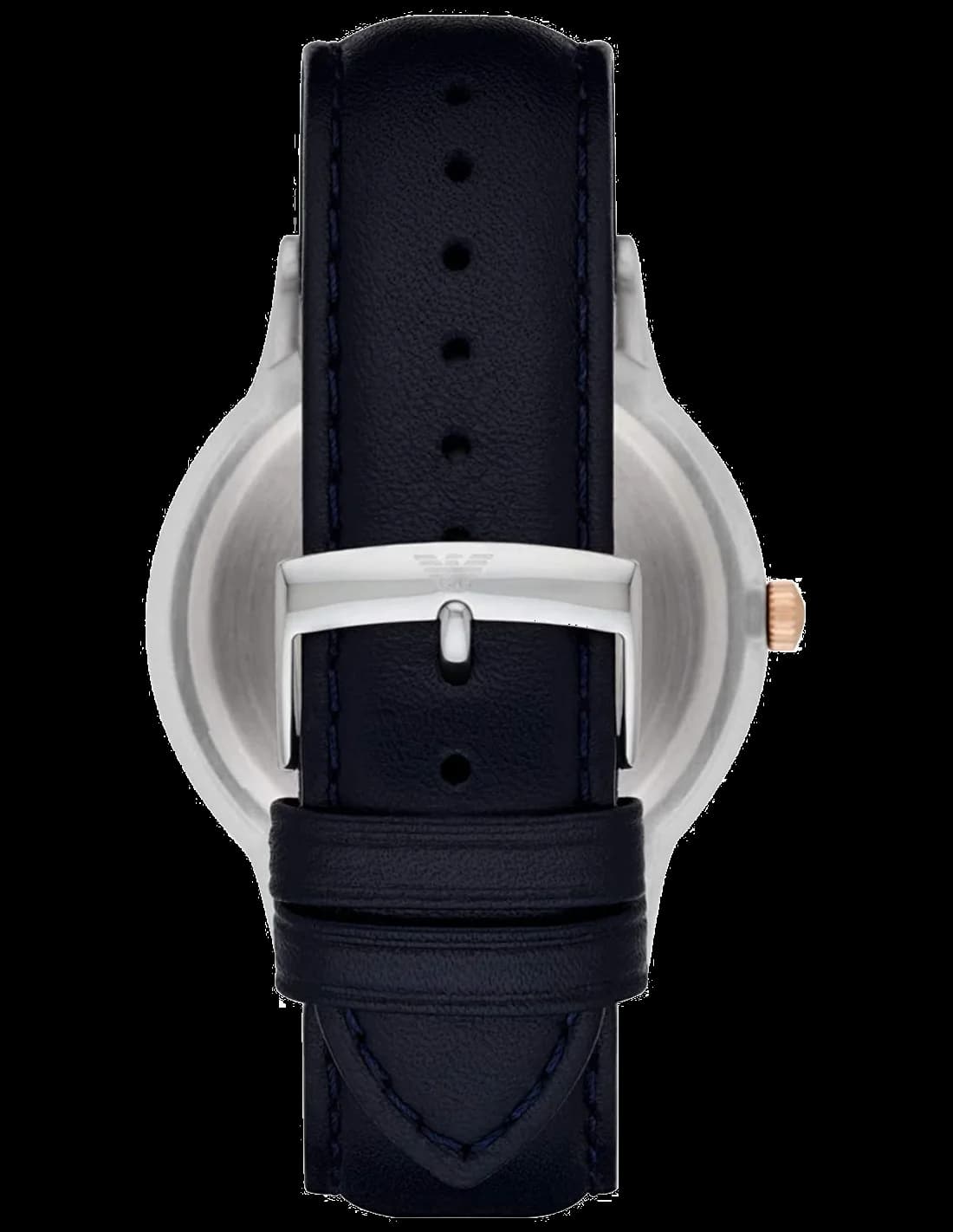 Cadran Emporio Armani AR11188 bleu texturé avec index appliqués, aiguilles dauphine dorées, guichet date à 3h